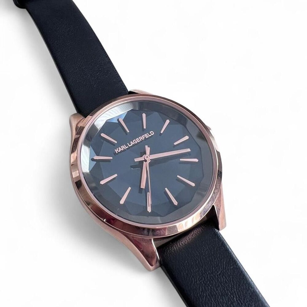KARL LAGERFELD Rose Gold & Black Leather Watch